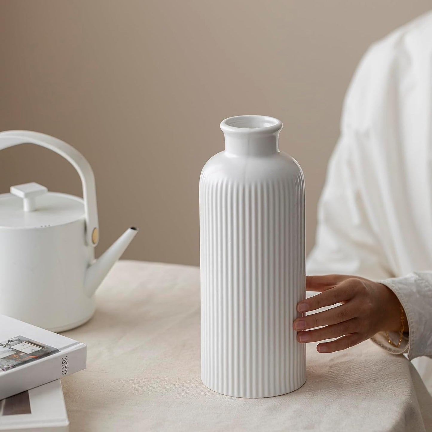 Modern Textured Decorative Vase / Matte Glaze White / 10 Inch