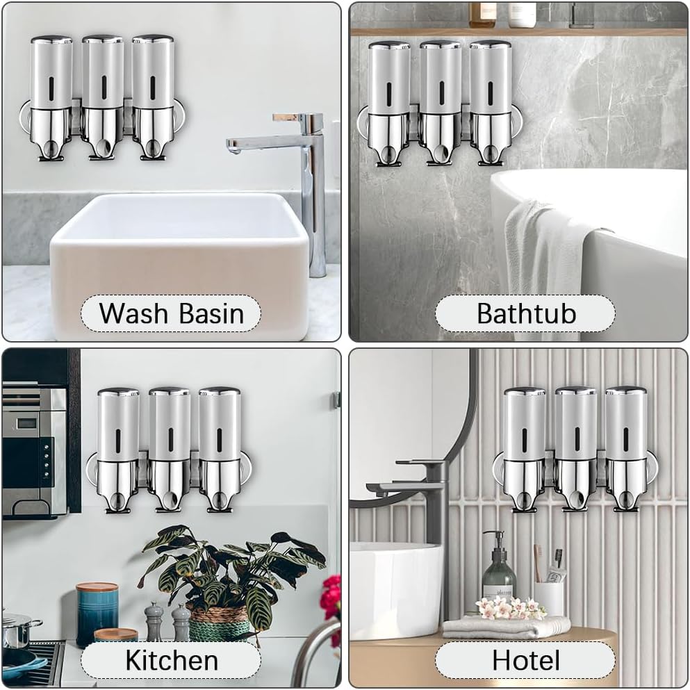 3 in 1 Chamber Wall Mounted Shampoo and Conditioner Dispenser (Silver) | No Drill Shower Soap Dispenser for Bathroom &
