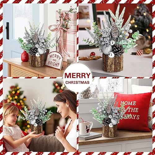 Small Christmas Tree Tabletop Artificial Mini Christmas Tree Decorations with Holiday Ornaments Red Berry Pine Cone Greenery for Home Indoor Fireplace Mantel Xmas Decor (Tree Stump-Silver)