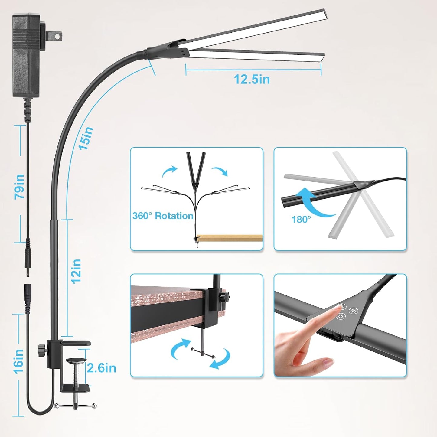 Desk Lamps for Home Office, Adjustable LED Desk Light with Clamp | Eye-Caring, 5 Color Temp, Dimmable, Flexible