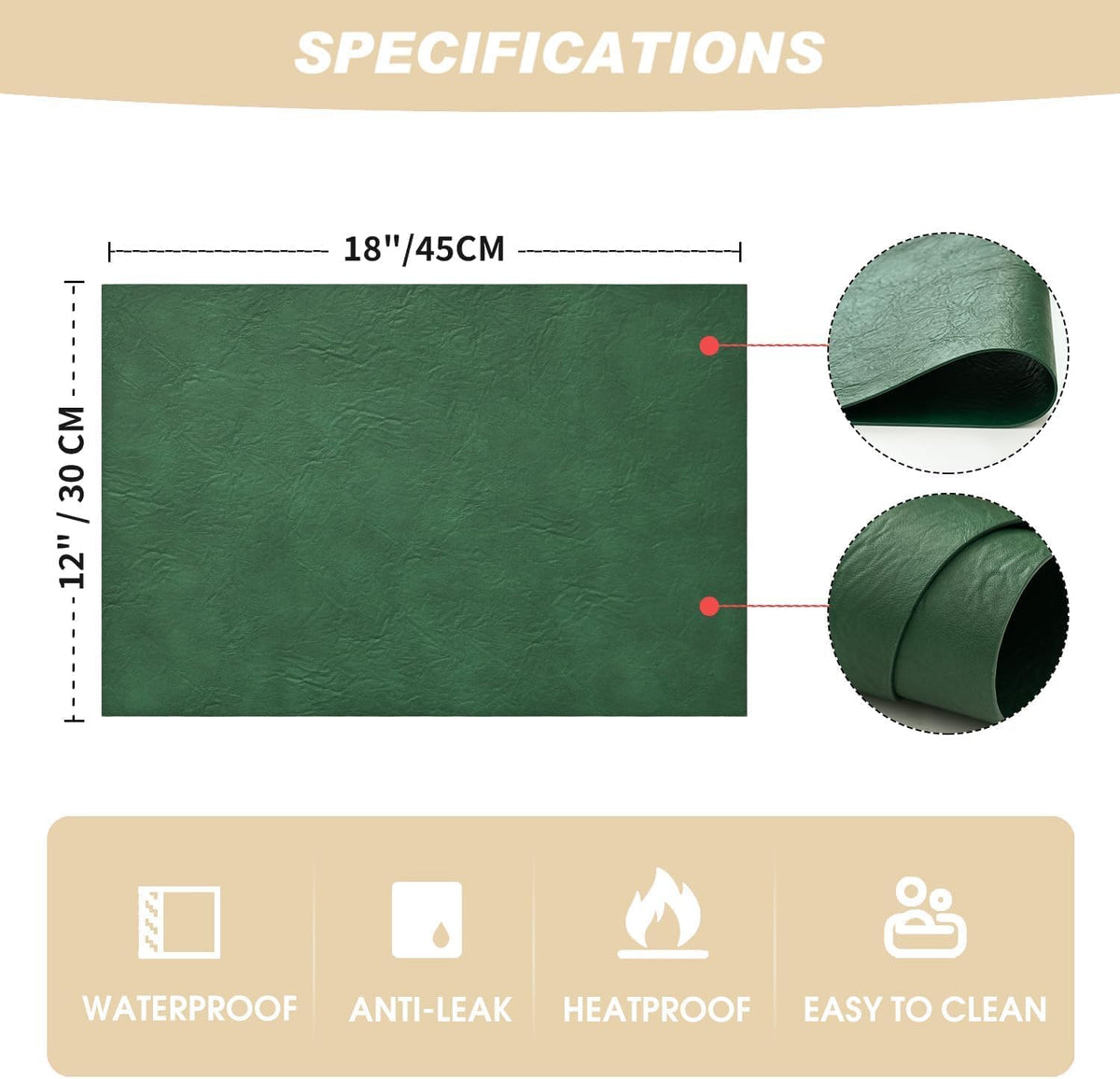 Artoid Mode Green Faux Leather Placemats Set of 8, 12x18 Inch Waterproof Wipeable Heat Resistant Vinyl Place Mats