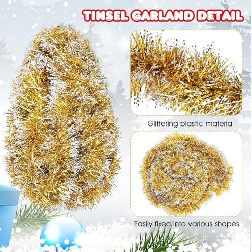 Shappy 90 ft 6 Rolls Christmas Tinsel Garland for Tree, Gold Frosted Tip