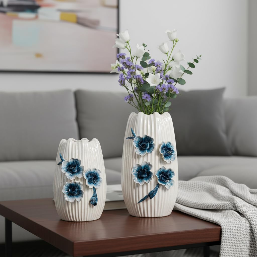 Boho Ceramic Vase / White and Dark Blue / 9 Inch