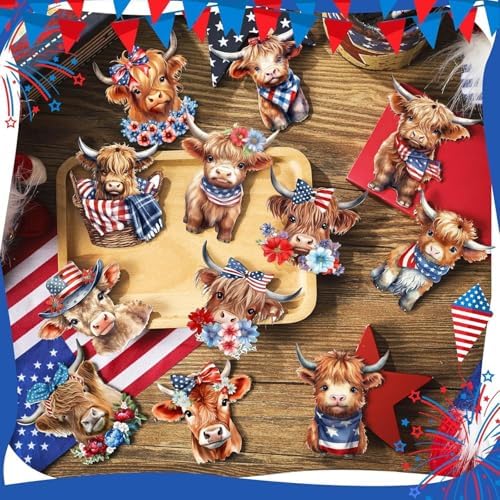 12 Pcs 4th of July Patriotic Wood Ornaments Hanging Decoration 250th Anniversary Tree Ornaments with Cute Cartoon Highland Cattle Designs for Independence Day Home Tree Decorations