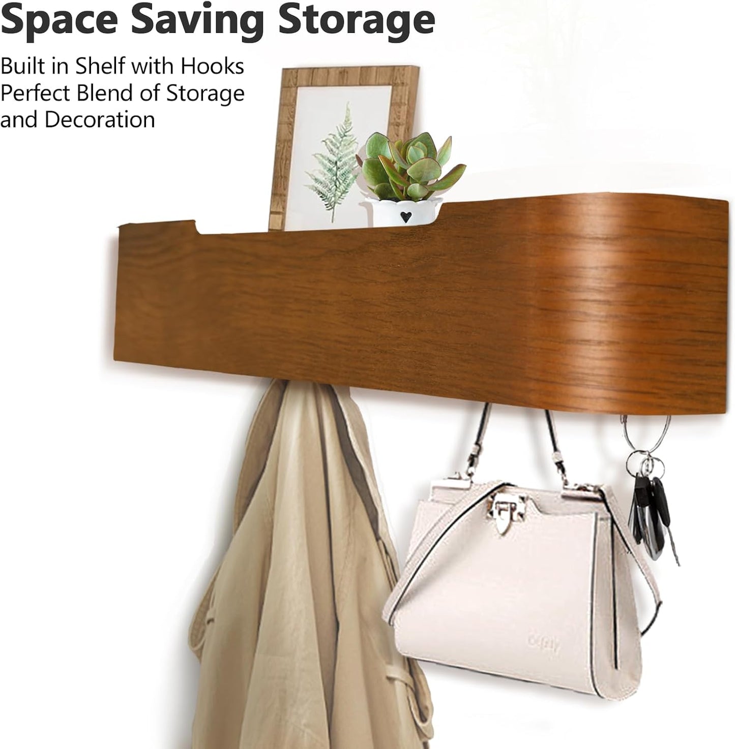 Coat Rack Wall Mount with Hidden Hooks Modern Key Holder Wood Entryway Hook with Shelf for Bedroom Kitchen Hallway