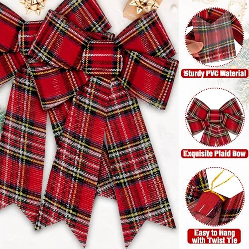 2 PCS Christmas Bows for Wreaths, 12" x 18" Red Christmas Decorations, Buffalo Plaid Christmas Tree Bow White Black Red Christmas Bows for Outside PVC Large Red Christmas Bows for Fence Fireplace