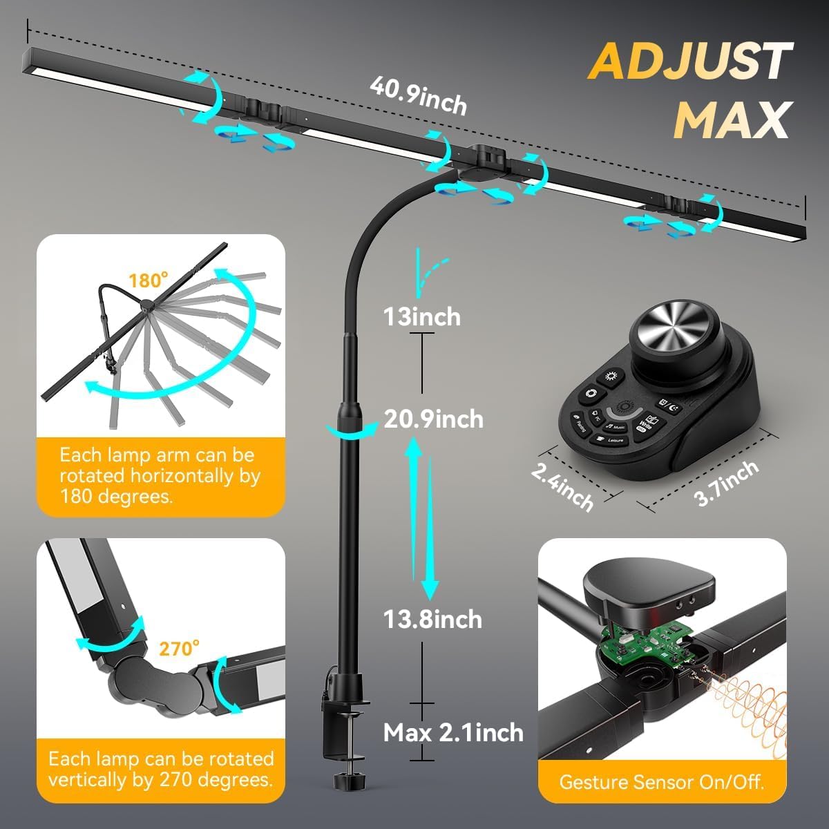 Adjustable LED Desk Lamp with Clamp, 4-Head Eye-Caring CRI95+ Desk Light, Stepless Dimming & Color Temp Remote Control