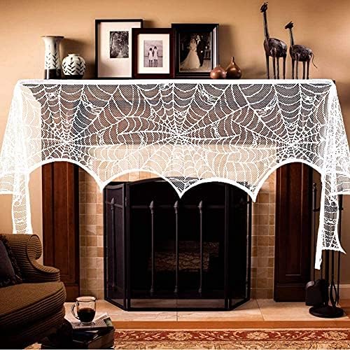 AerWo Halloween Fireplace Mantel Scarf, Halloween Decorations White Lace Spiderweb Fireplace Cover Festive Party Supplies,18 x 98 inch