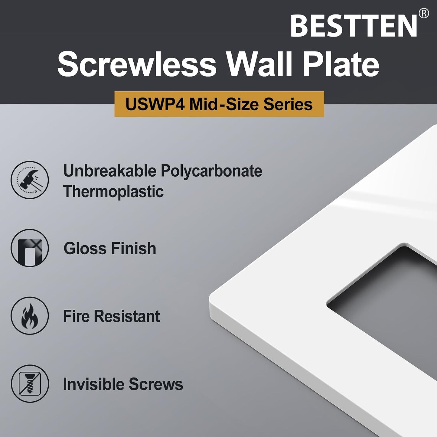BESTTEN [10 Pack] 2 Gang Screwless Decorative Outlet Cover, Mid-Size Wall Plate, H4.88" x W4.93", Faceplate Cover for