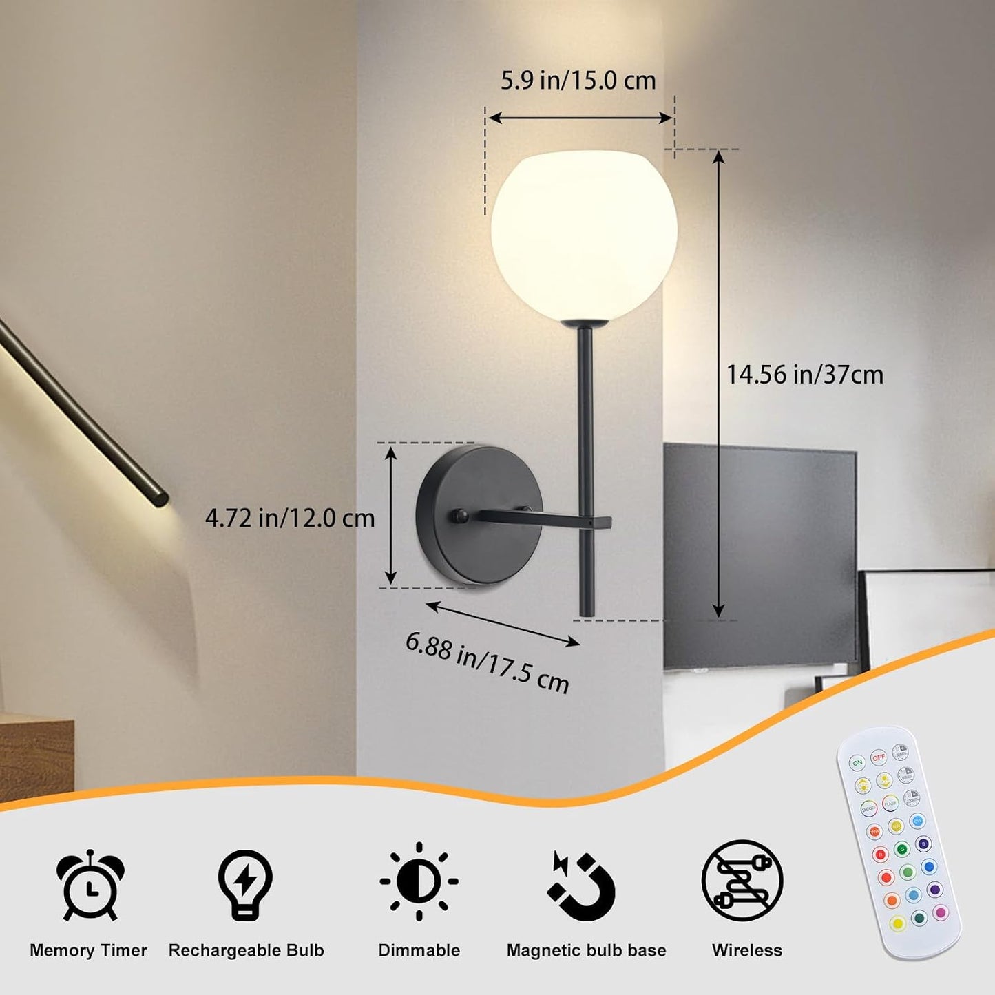 Black Battery Operated Wall Sconces Set of 2, Rechargeable Wireless Wall Lights with Milky White Frosted Glass Shade