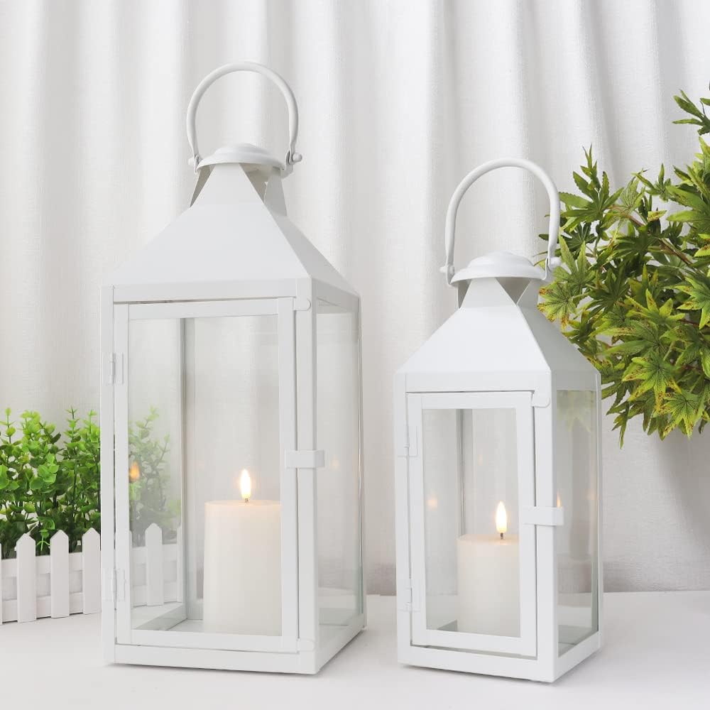 JHY DESIGN Set of 2 Cream Decorative Lanterns 17.5inch&13.5inch Metal Candle Lanterns for Indoor Outdoor Events Paritie