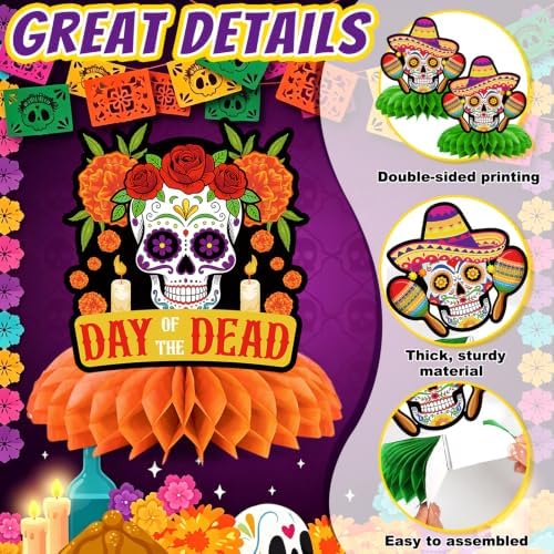 12Pcs Day of the Dead Honeycomb Centerpieces Decorations Dia De Los Muertos Altar Table Decorations Double Side Sugar Skull Table Centerpieces for Mexican Day of The Dead Halloween Party Supplies