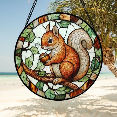 Red Squirrel with Acorn Stained Glass Window Hanging Suncatcher Gift 15"