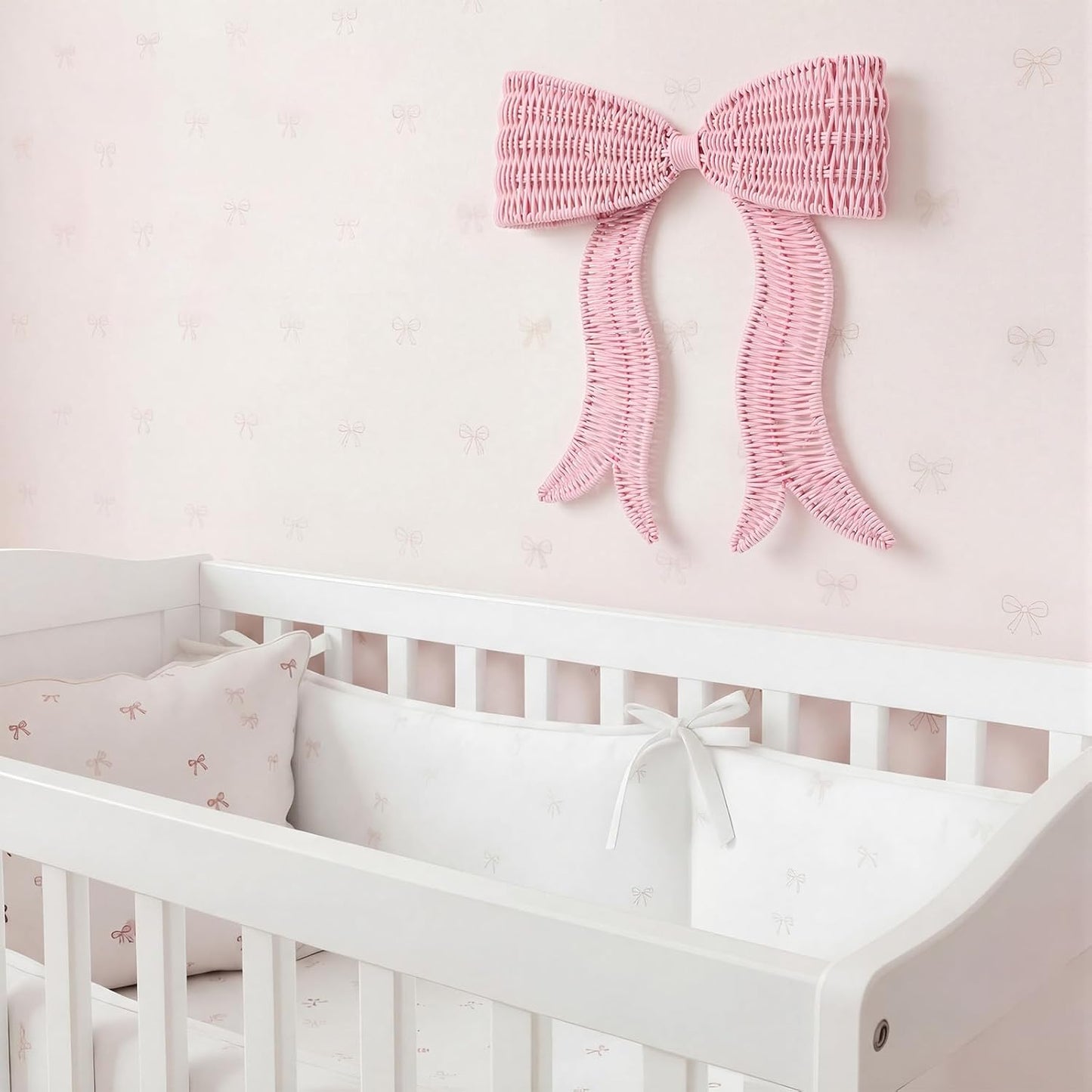 Rattan Bow Wall Decoration Boho Bow Wall Decor Woven Natural Hanging Woven Decor for Nursery / Pink