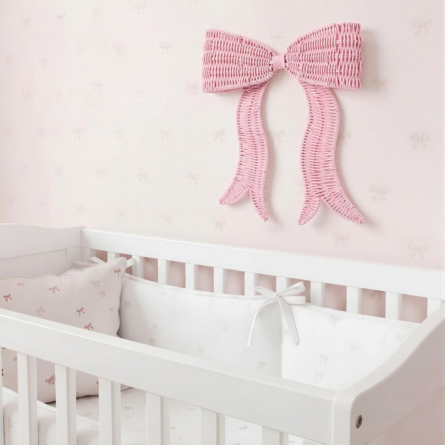 Rattan Bow Wall Decoration Boho Bow Wall Decor Woven Natural Hanging Woven Decor for Nursery / Pink