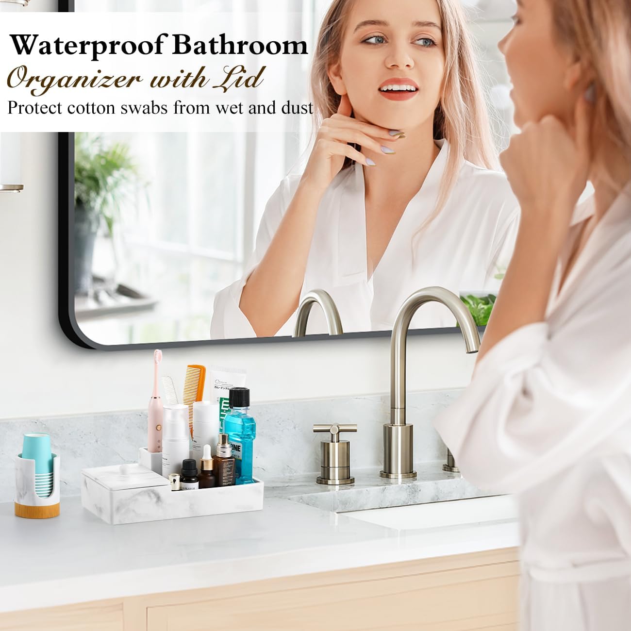 Luxspire Bathroom Counter Organizer with Lid, 6 Slots, Gravel White | Bathroom Vanity Organizer, Bathroom Organizer
