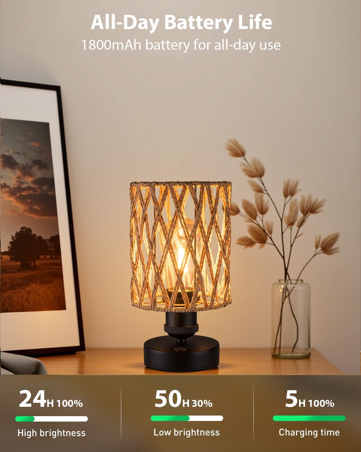 Cordless Outdoor Table Lamps, Small Rattan Boho, Rechargeable Battery Operated for Outdoor Patio, Home, Living Room