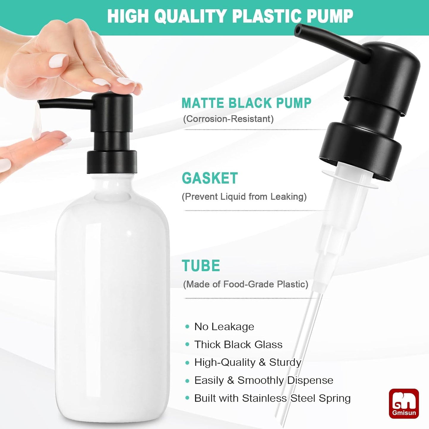 GMISUN Kitchen Soap Dispenser Set, 16 Oz Hand and Dish Soap Dispenser with Ceramic Tray & Bamboo Dish Brush, 2 Pack