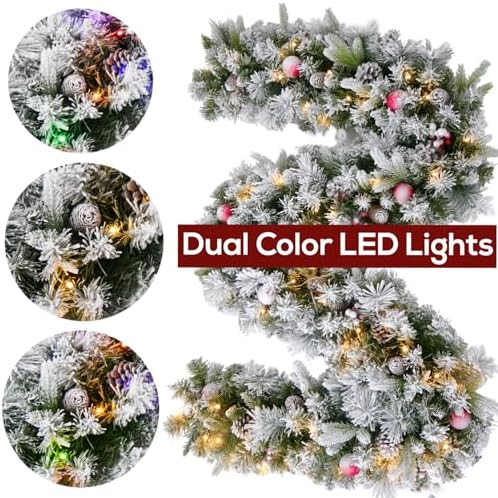 9FT Flocked Prelit Garland with Dual Color LED Lights and Timer by Remote Control and Batteries Operated, Home Mantle Stairs Railing Fireplace Outdoor Indoor Wall