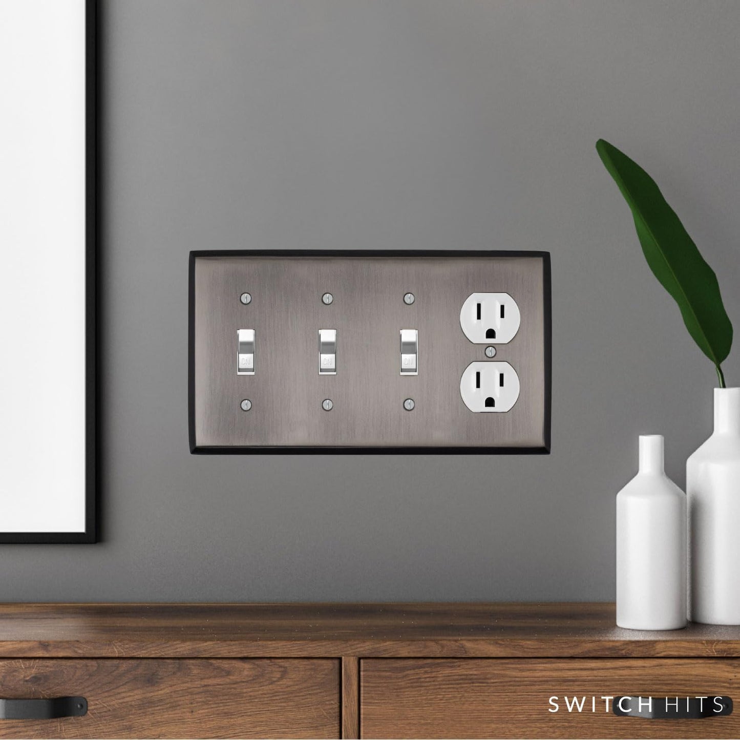 Antique Pewter Outlet Wall Plate | 3 Toggle - 1 Duplex | 8.25" x 4.5" | Hand-Polished Brass Construction | Electrical