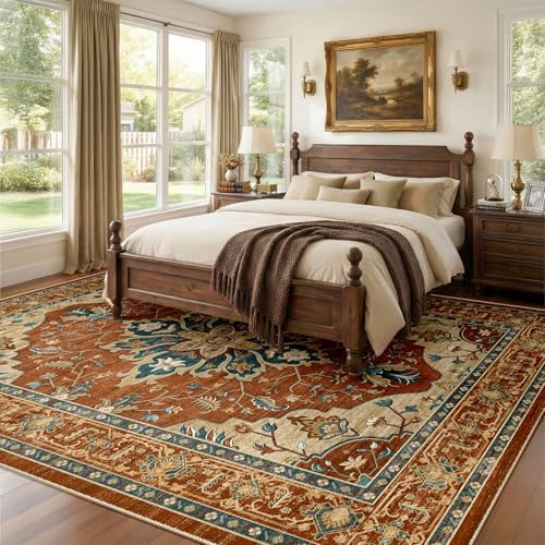RELEANY Washable Area Rug, 8'x10', Red/Orange/Blue/Brown