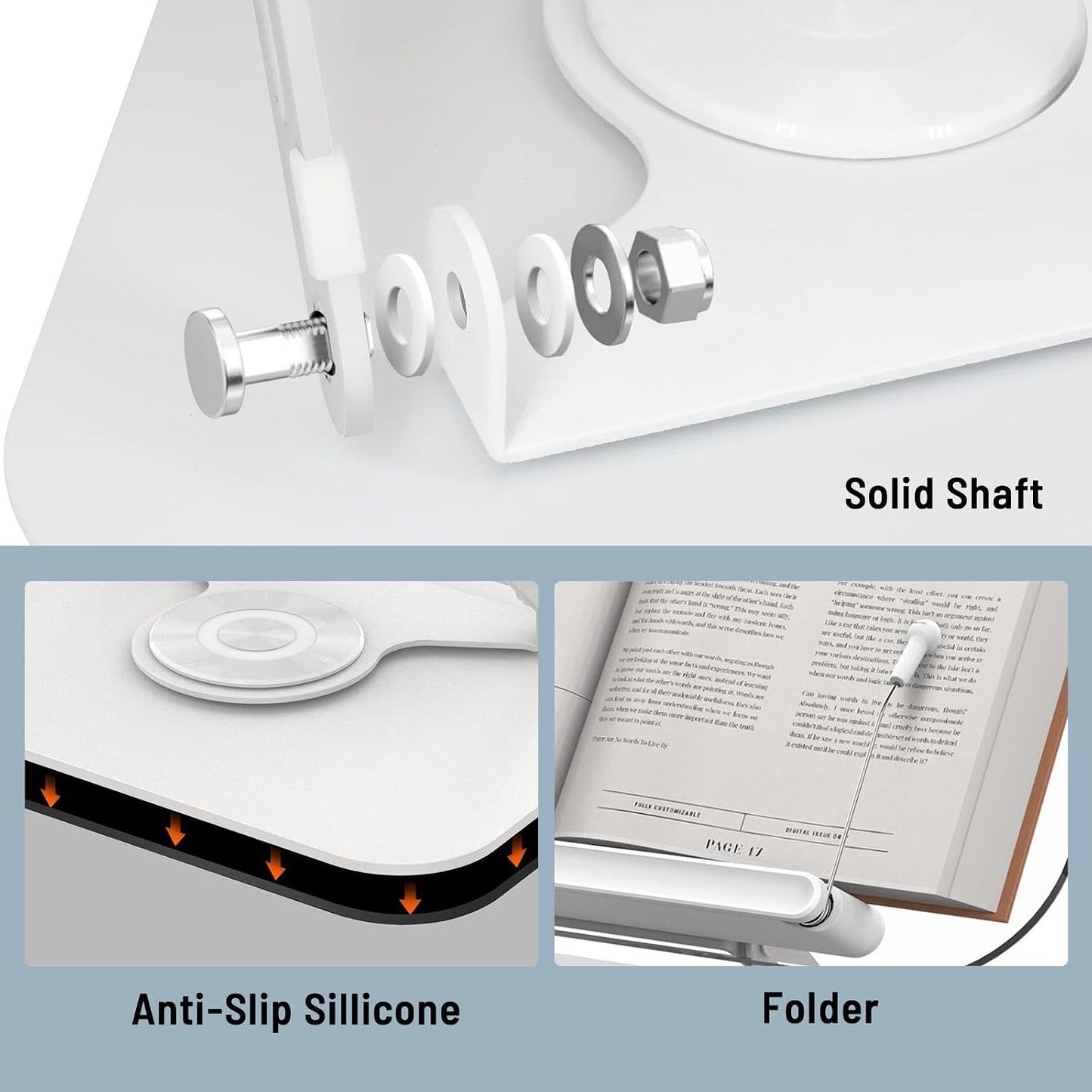 Acrylic Book Stand for Reading Hands Free - Adjustable 360° Rotating Cookbook Holder with Elastic Page Clips & Foldable