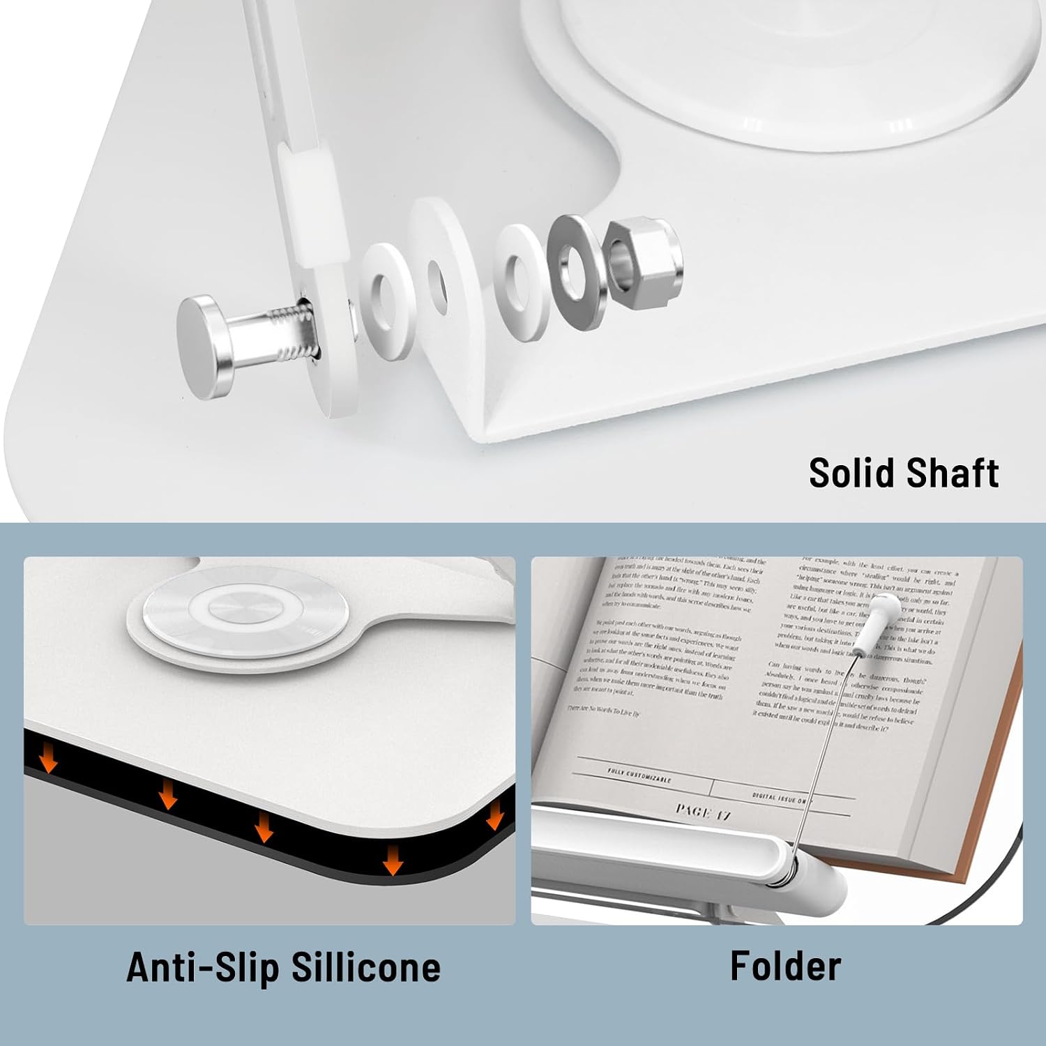 Acrylic Book Stand for Reading Hands Free - Adjustable 360° Rotating Cookbook Holder with Elastic Page Clips & Foldable