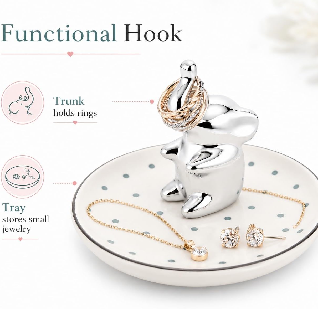 Ring Holder Jewelry Dish Ceramic Trinket Tray for Rings Earrings Necklace / Elephant / Silver