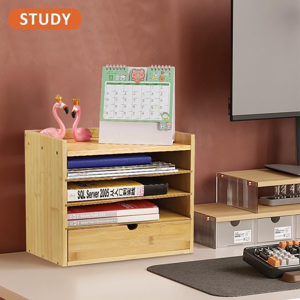 KKTONER 5-Tier Bamboo Desk Organizer with Drawer Tabletop File Organizer Document Holder with Shelf Desktop Cabinet for