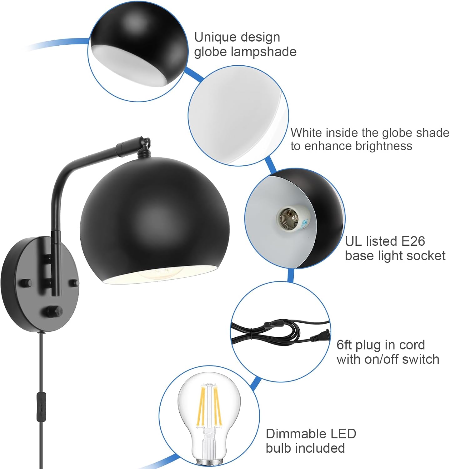 VATONI Plug in Wall Sconces, Dimmable Wall Sconce Swing Arm Wall Lights with Plug in Cord and Dimmer On/Off Knob