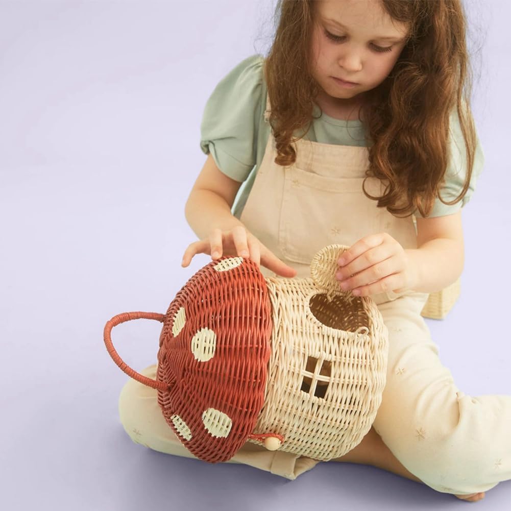 Handmade Rattan Mushroom-Shaped Storage Basket- Handmade Handcrafted Decoration Artwork Rattan / Red