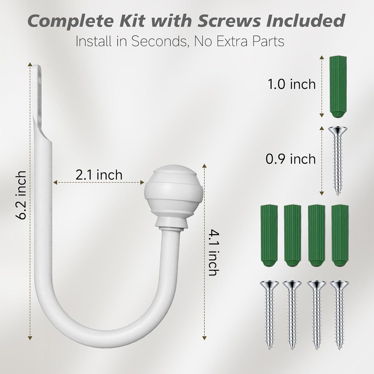 Hion Curtain Holdbacks White 6pcs, Curtain Tiebacks Wall Mounted Hooks | Curtain Holders for Drapes, One-Piece Metal