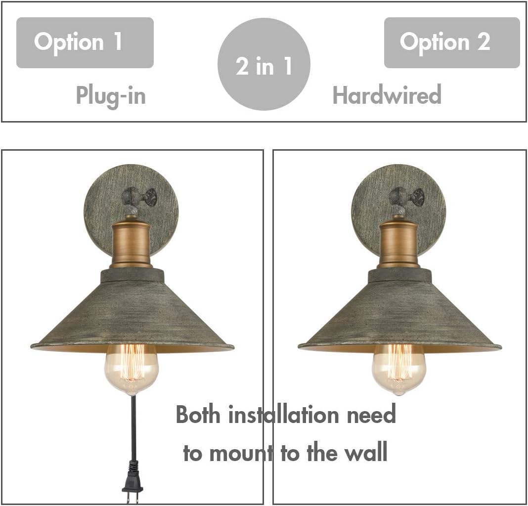 Vintage Industrial Swing Arm Plug-in Wall Sconces Set of 2 | Plug-in or Hardwired, 240° Adjustable Arm, E26 Dimmable