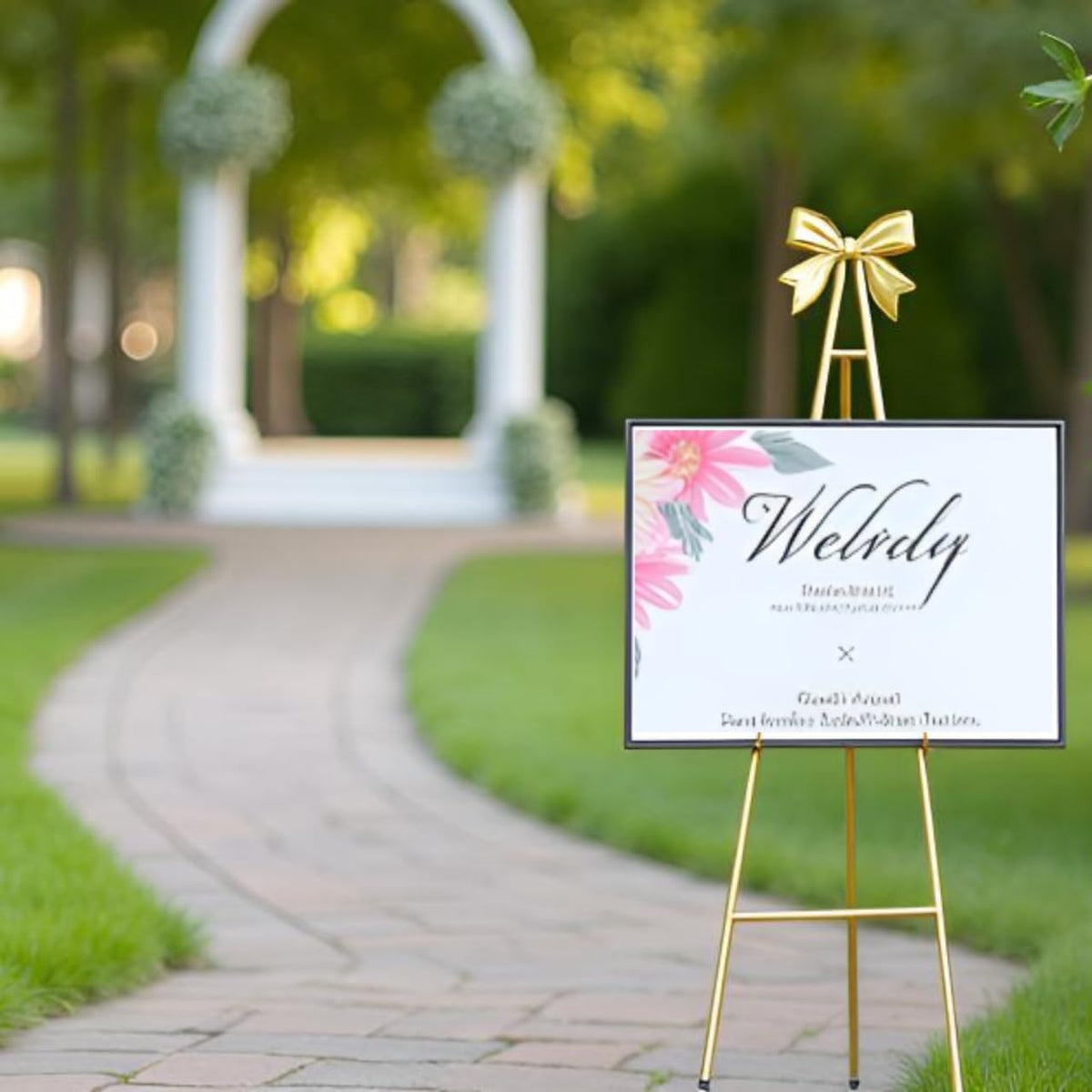 53”H Metal Gold Easel Stand for Sign Heavy Duty with Bow Top | Large Adjustable Display Standing for Wedding Displaying