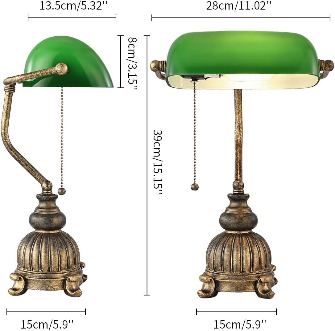 Retro Green Glass Bankers Desk Lamp,LED Bulb Included | Home Office Library with Pull Chain Switch Plug in Fixture