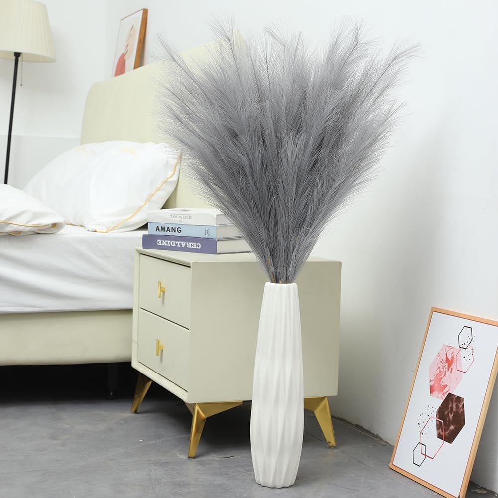 Faux Pampas Grass Tall Pompas Floral Arrangement and Vase Filler / Grey / Set of 8