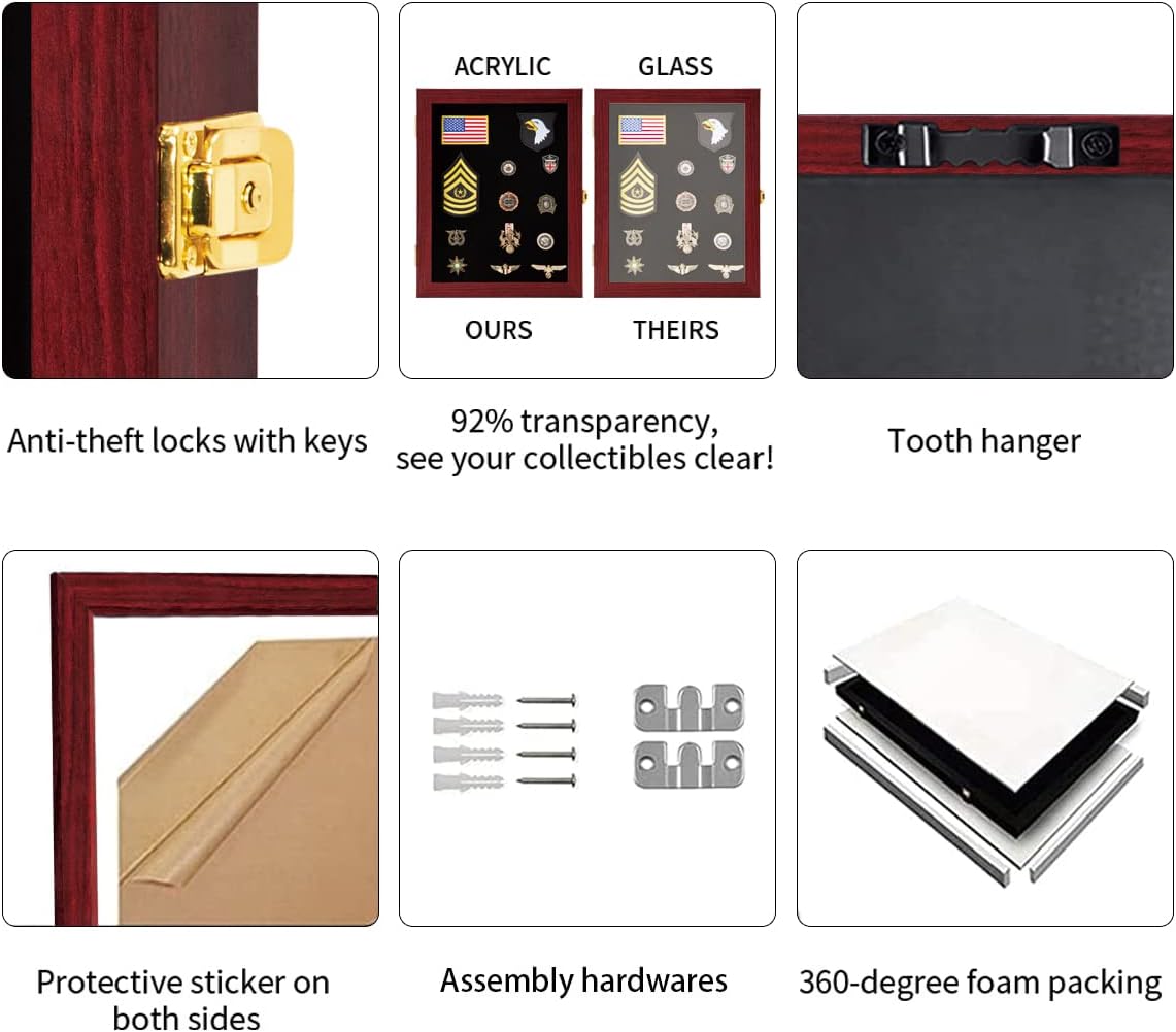 VERANI Pin Display Case Badge Display Frame Oversized Mahogany | Flexible layout arrangement,Premium real clear glass