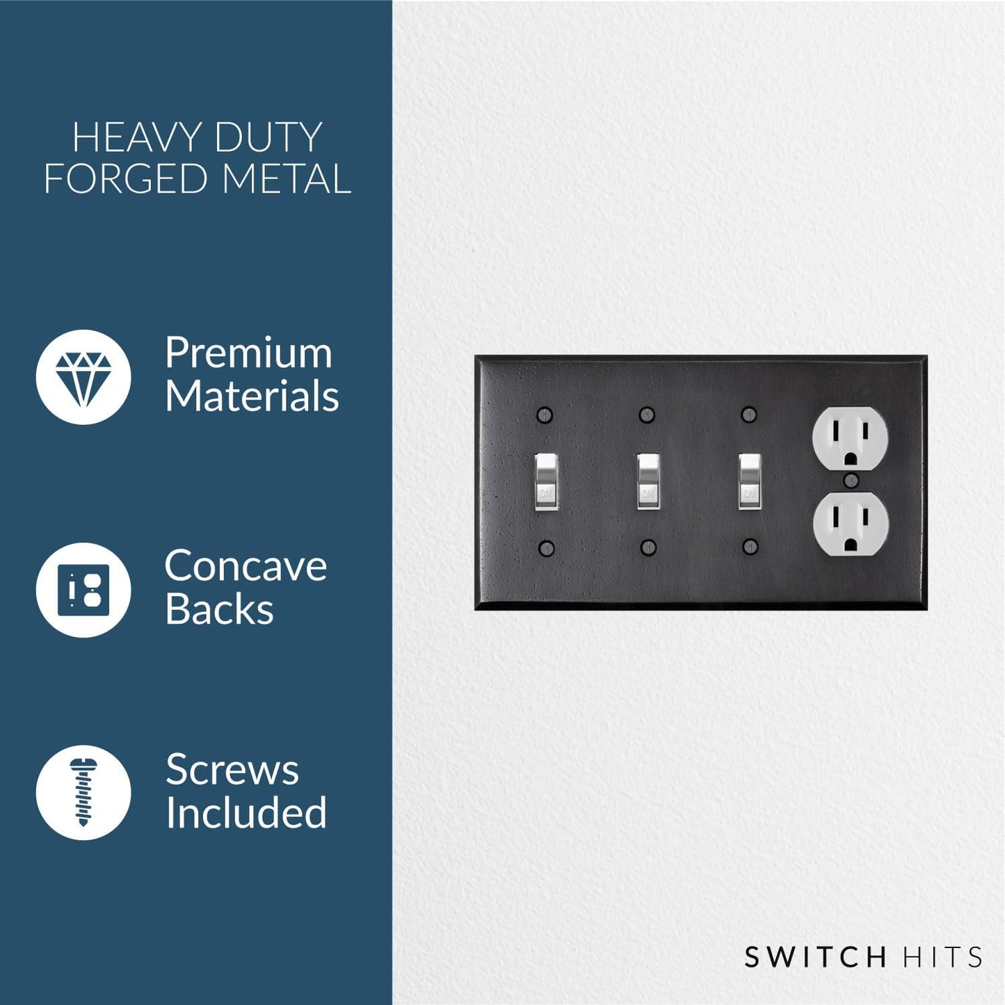 Distressed Antique Bronze Outlet Wall Plate | 3 Toggle - 1 Duplex | 8.25" x 4.5" | Hand-Polished Brass Construction