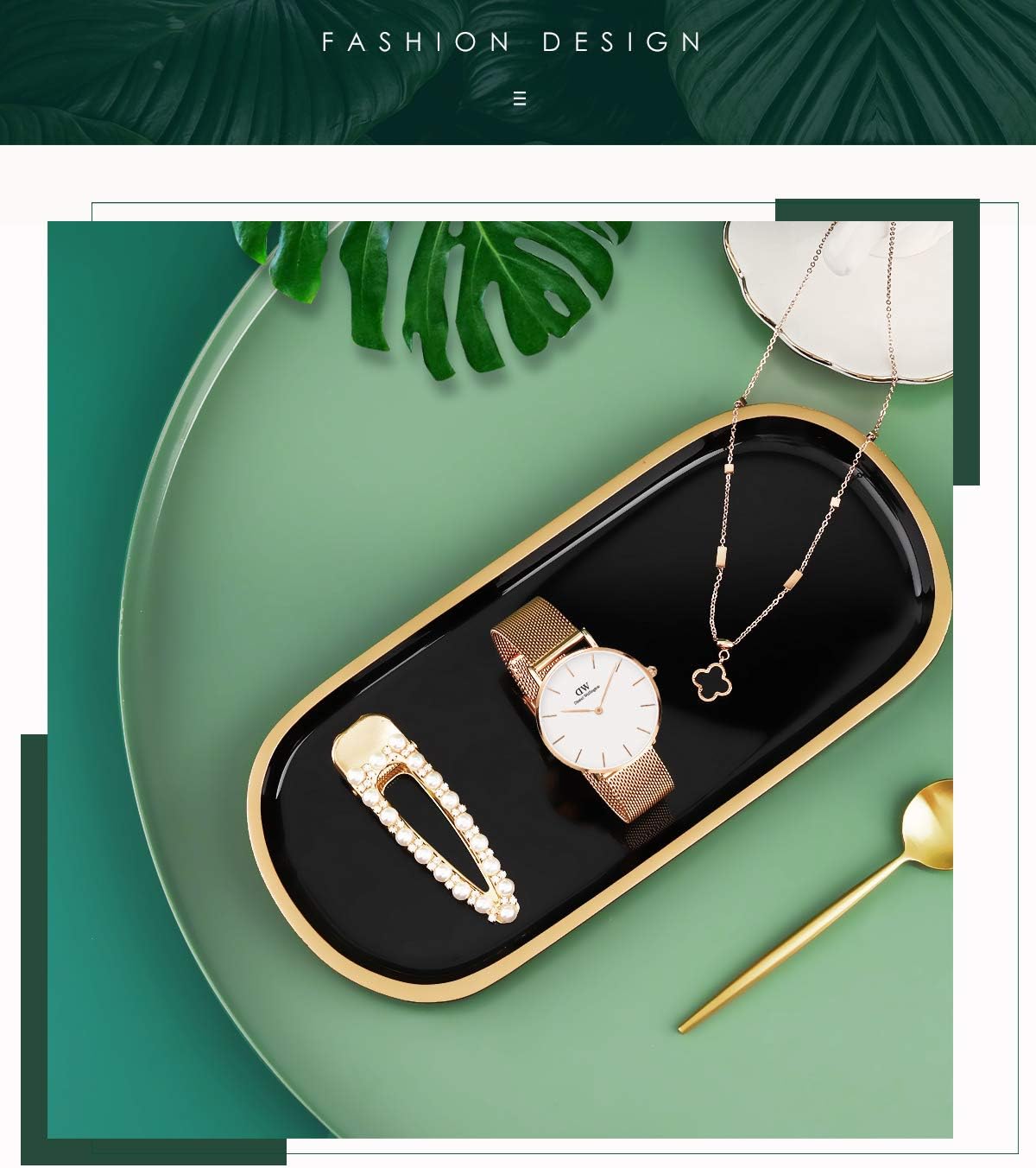 Jewelry Organizer Oval Resin Tray / 9.8 x 4.5 x 0.7 / Black & Gold