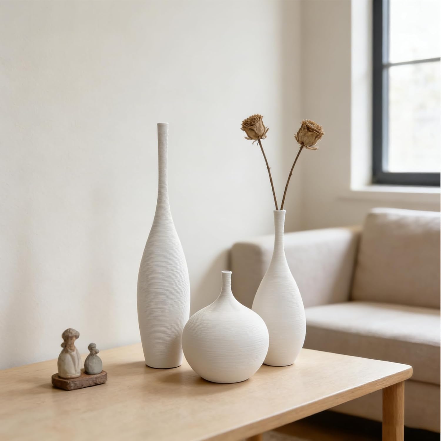 Ceramic Vase / Modern Boho Vases for Centerpiece Decor / White / Set of 3