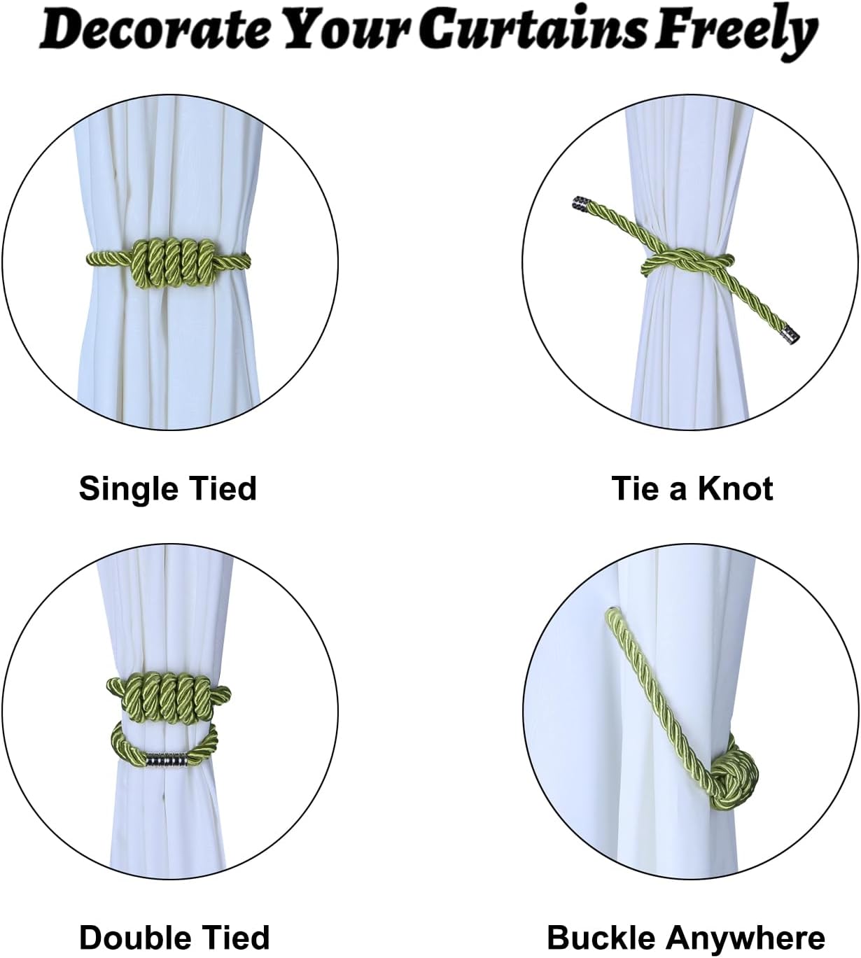 BEL AVENIR Magnetic Curtain Tiebacks 6 Pack Hand-Woven Curtain Ties | Green Decorative Curtain Holdbacks Bohemian Style
