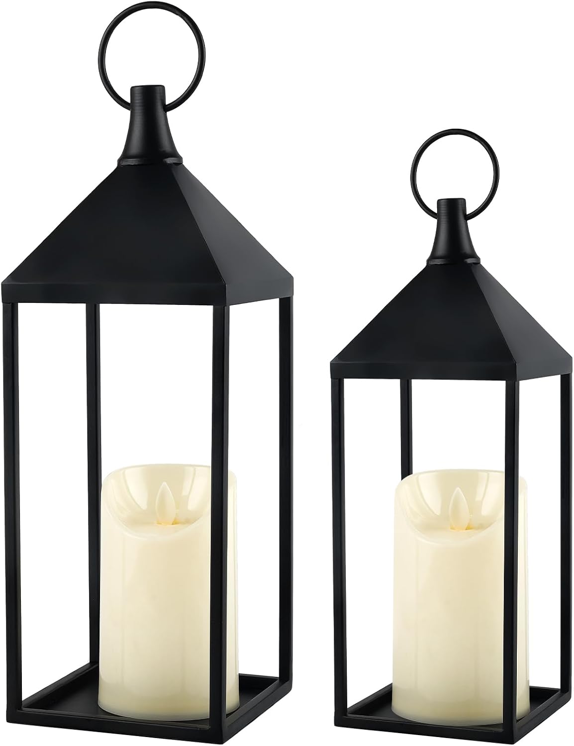 Modern Farmhouse Lantern Decor, 2Pcs Metal Candle Lanterns with Flameless Candles Black Decorative Lantern for Front
