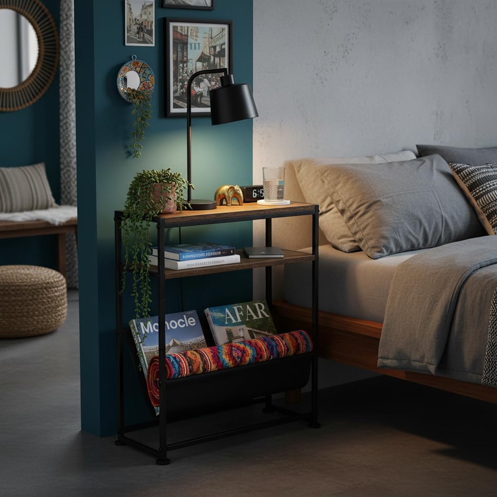 Narrow End Table with Magazine Rack, 2-Tier Slim Side Table for Small Spaces, Industrial Nightstand with Storage Sling