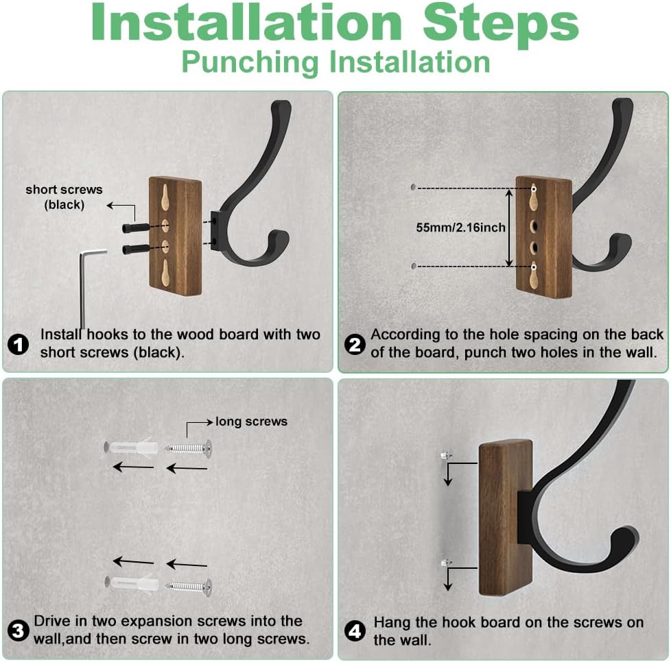 Wood Wall Hooks for Hanging / Rectangle / Set of 4