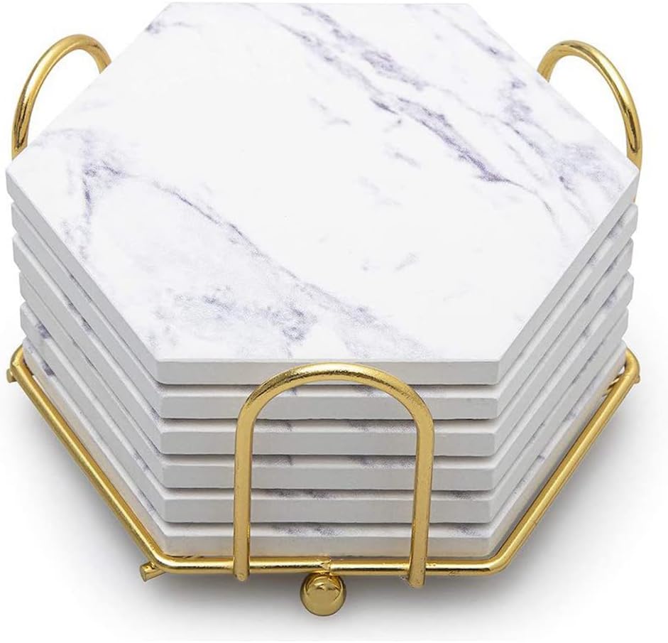 Modern Hexagon Iron Metal Coaster Holder Bulk Cup Storage Caddy for Round / Gold / 4 Inch / Set of 2