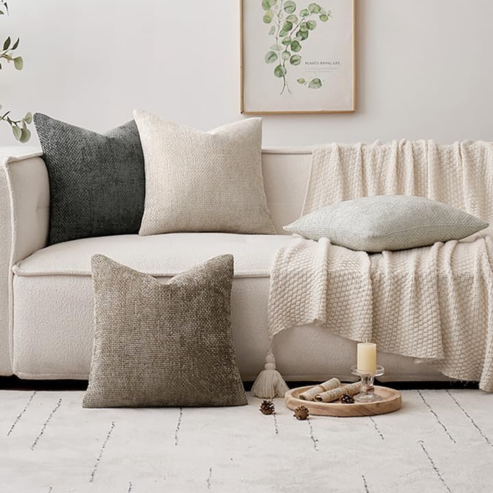 Couch Throw Pillow Covers Soft Decorative Chenille Pillow Covers / 18 x 18 / Neutral / Set of 4