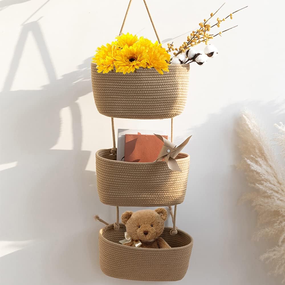 3-Tier Woven Cotton Wall-Mounted Storage Organizer Bag Decorative Hanging Nursery / Jute