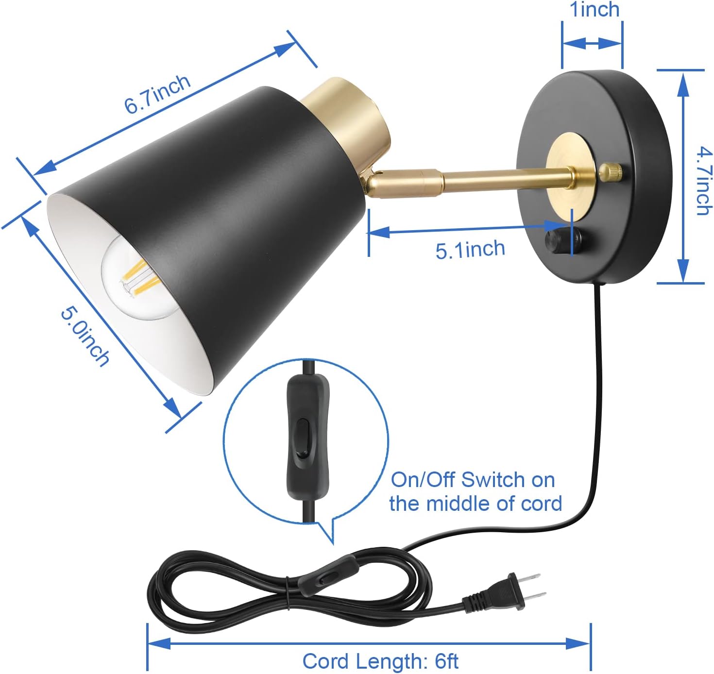 VATONI Plug in Wall Sconce, Dimmable Wall Sconce Adjustable Wall Lights with Plug in Cord and Dimmer On/Off Rotary