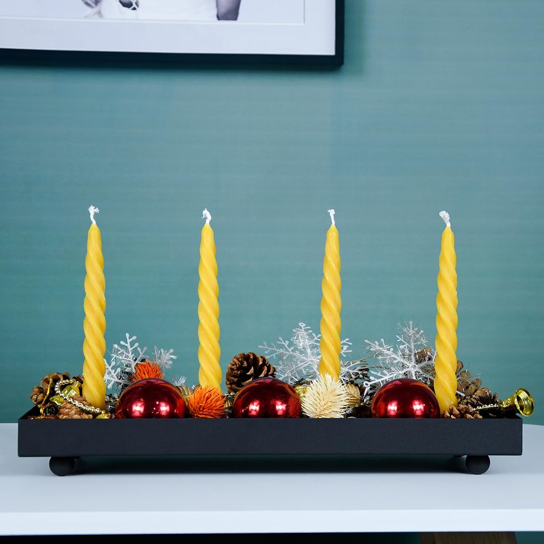 TELOSMA Matte Black Iron Advent Candle Holder, 4 Candlestick Seats | Advent taper candle tray; decorative centerpiece