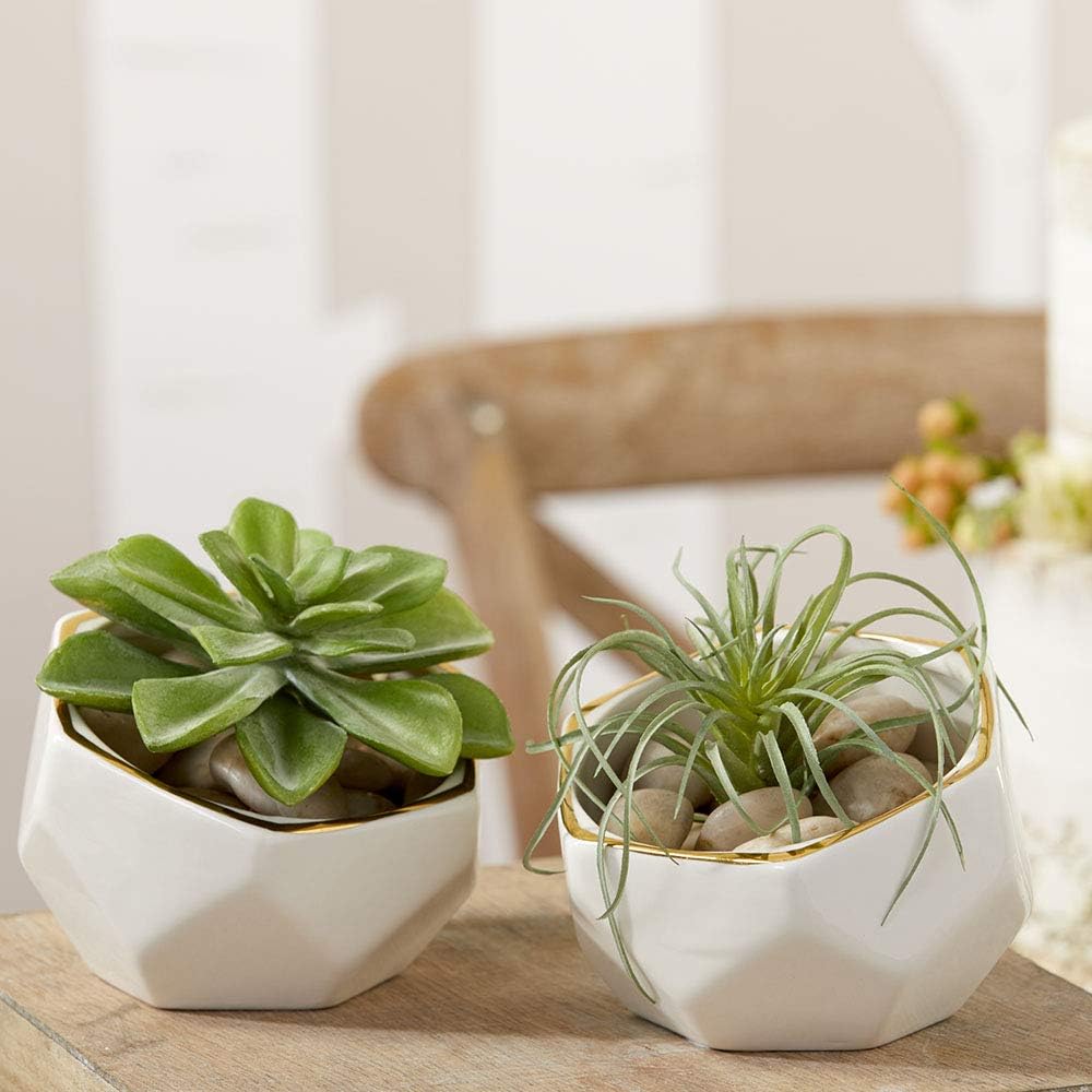 Geometric Ceramic Planters Decorative Bowls / Small & Medium / White / Set of 2